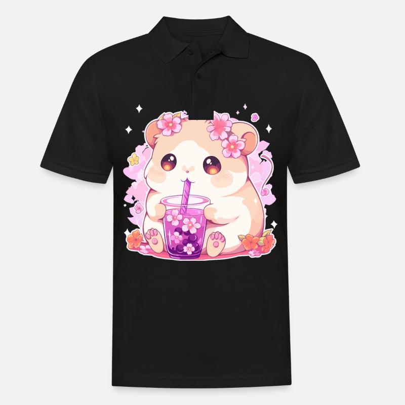 Kawaii Hamster trinkt Boba Bubble Tea Chibi - Männer Poloshirt - Schwarz