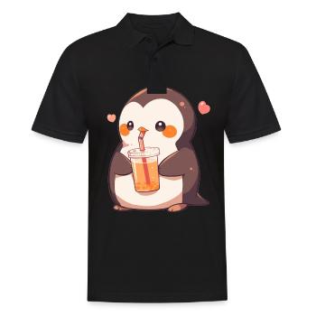 Kawaii Pinguin trinkt Boba Bubble Tea Chibi - Männer Poloshirt - Schwarz - Vorne - Kai (181cm)