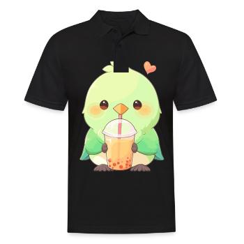 Kawaii Lovebird trinkt Boba Bubble Tea Chibi - Männer Poloshirt - Schwarz - Vorne - Kai (181cm)