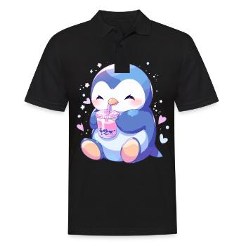 Kawaii Pinguin trinkt Boba Bubble Tea Chibi - Männer Poloshirt - Schwarz - Vorne - Kai (181cm)