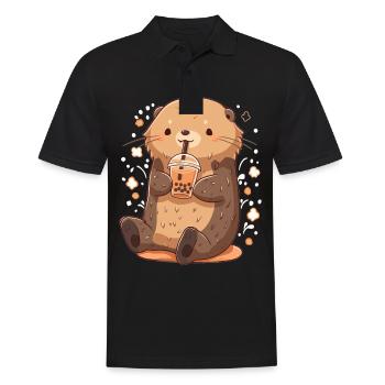 Kawaii Otter trinkt Boba Bubble Tea Chibi - Männer Poloshirt - Schwarz - Vorne - Kai (181cm)