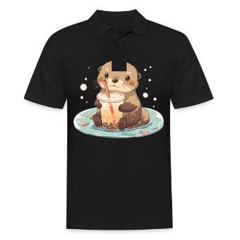 Kawaii Otter trinkt Boba Bubble Tea Chibi - Männer Poloshirt - Schwarz - Vorne - Kai (181cm)
