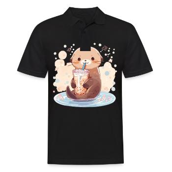Kawaii Otter trinkt Boba Bubble Tea Chibi - Männer Poloshirt - Schwarz - Vorne - Kai (181cm)