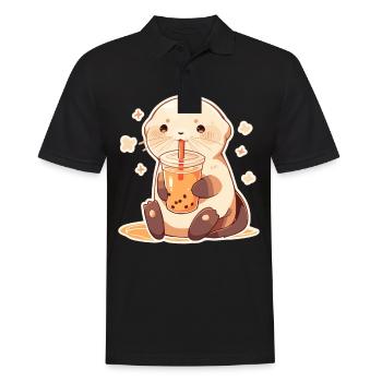 Kawaii Otter trinkt Boba Bubble Tea Chibi - Männer Poloshirt - Schwarz - Vorne - Kai (181cm)