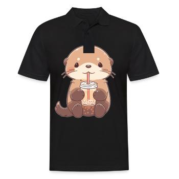Kawaii Otter trinkt Boba Bubble Tea Chibi - Männer Poloshirt - Schwarz - Vorne - Kai (181cm)