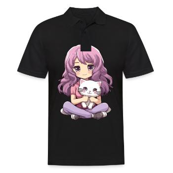 Kawaii Girl Anime Manga Fille et chat - Polo Homme - noir - Devant - Kai (181cm)