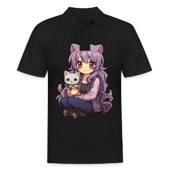 Kawaii Girl Anime Manga Fille et chat - Polo Homme - noir - Devant - Kai (181cm)