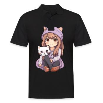Kawaii Girl Anime Manga Fille et chat - Polo Homme - noir - Devant - Kai (181cm)