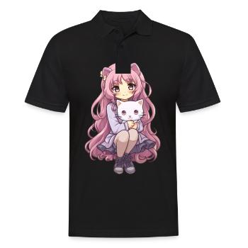 Kawaii Girl Anime Manga Fille et chat - Polo Homme - noir - Devant - Kai (181cm)