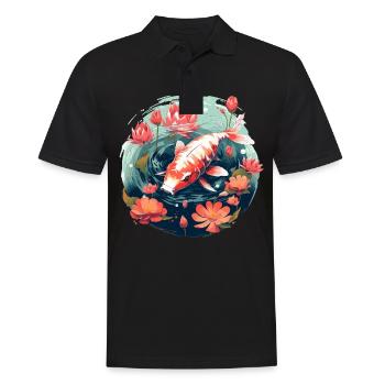 Vintage 80s Rétro Japonais Asiatique Koi Carpe - Polo Homme - noir - Devant - Kai (181cm)