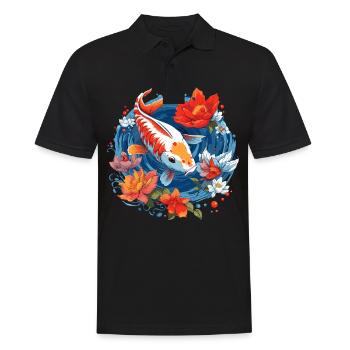 Vintage 80s Rétro Japonais Asiatique Koi Carpe - Polo Homme - noir - Devant - Kai (181cm)