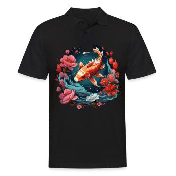 Vintage 80s Rétro Japonais Asiatique Koi Carpe - Polo Homme - noir - Devant - Kai (181cm)