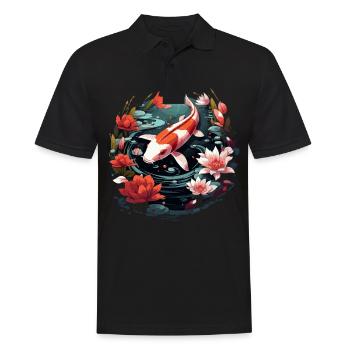 Vintage 80s Rétro Japonais Asiatique Koi Carpe - Polo Homme - noir - Devant - Kai (181cm)