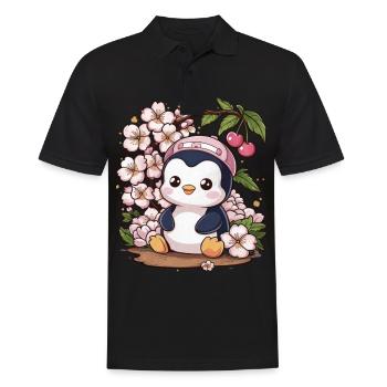 Cartoon Kawaii Pinguin mit Kirschen - Männer Poloshirt - Schwarz - Vorne - Kai (181cm)