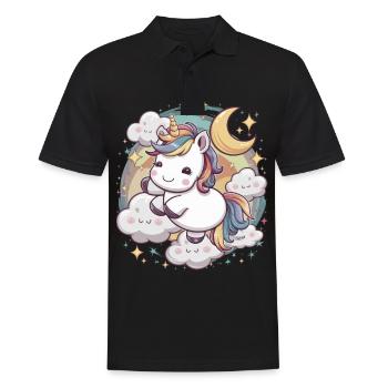 Kawaii Einhorn mit Wolken, Mond und Sternen - Männer Poloshirt - Schwarz - Vorne - Kai (181cm)