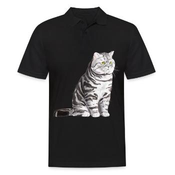 Sitzende Tabby Britisch Kurzhaar Katze - Männer Poloshirt - Schwarz - Vorne - Kai (181cm)