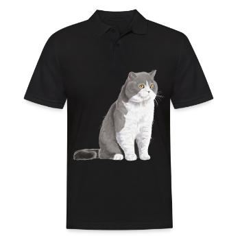 Sitzende Bi-Colour Britisch Kurzhaar Katze - Männer Poloshirt - Schwarz - Vorne - Kai (181cm)