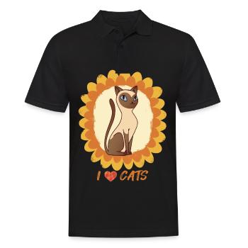 Ich liebe Katzen-Sonnenblume und siamesische Katze - Männer Poloshirt - Schwarz - Vorne - Kai (181cm)