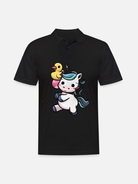 Kawaii Einhorn mit niedlicher Quietscheente - Männer Poloshirt - Schwarz