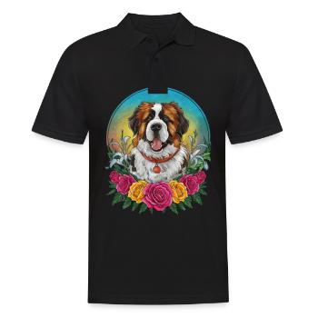 St. Bernard cartoon dog with roses and lilies - Men's Polo Shirt - black - Front - Kai (181cm)