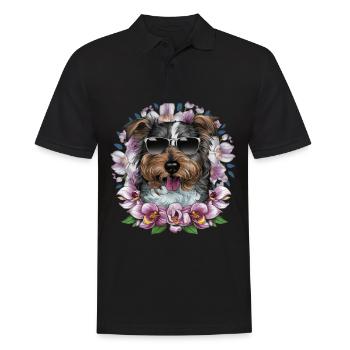 Norfolk Terrier mit Sonnenbrille und Orchideen - Männer Poloshirt - Schwarz - Vorne - Kai (181cm)