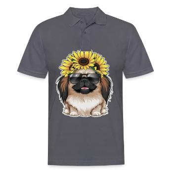 Sommerliches Sonnenblumenmotiv mit süßem Pekinese. - Männer Poloshirt - Anthrazit - Vorne - Nico (186cm)