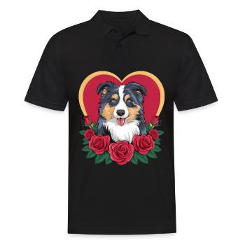 Cartoon Australian Shepherd Dog with Roses - Men's Polo Shirt - black - Front - Kai (181cm)