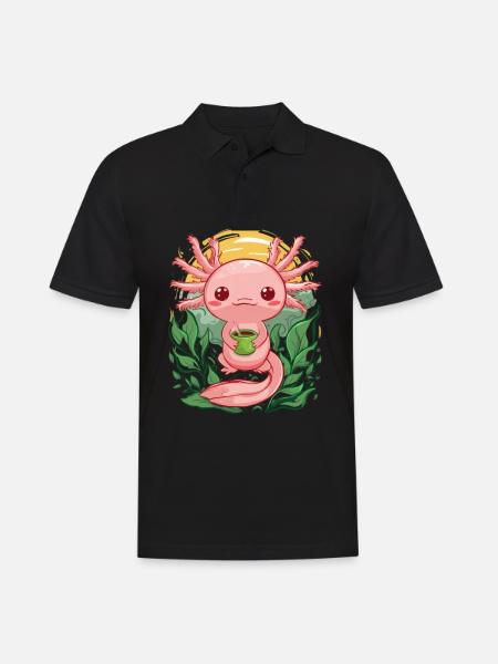 Kawaii Axolotl Loves Green Tea - Men's Polo Shirt - black