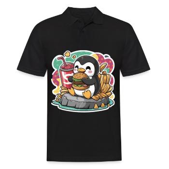 Penguin with soft drink, burger, French fries - Men's Polo Shirt - black - Front - Kai (181cm)
