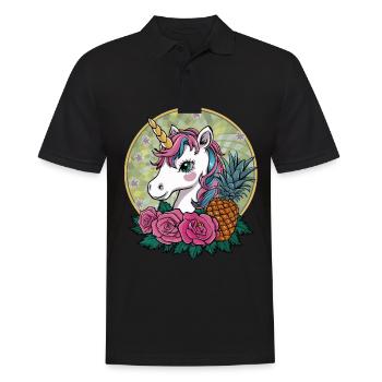 Süßes Cartoon Kawaii Einhorn mit Rosen & Ananas - Männer Poloshirt - Schwarz - Vorne - Kai (181cm)