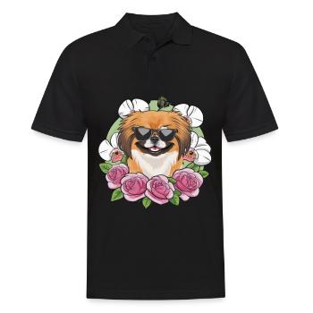 Dessin animé pékinois avec des orchidées et des roses - Polo Homme - noir - Devant - Kai (181cm)