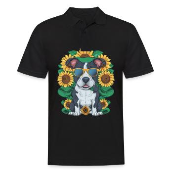 Staffordshire Bull Terrier mit Sonnenblumen - Männer Poloshirt - Schwarz - Vorne - Kai (181cm)