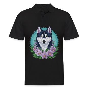Cute cartoon husky with pretty orchids - Men's Polo Shirt - black - Front - Kai (181cm)
