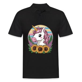 Kawaii Einhorn mit Sonnenblumen und Flieder - Männer Poloshirt - Schwarz - Vorne - Kai (181cm)