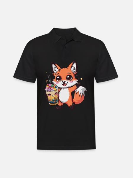 Kawaii Fox with Bubble Tea - Men's Polo Shirt - black
