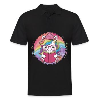 Kawaii Einhorn mit Brille und Buch - Männer Poloshirt - Schwarz - Vorne - Kai (181cm)