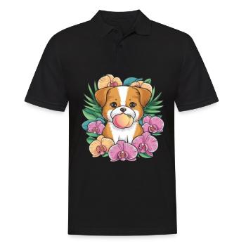 Kawaii cartoon dog with peach and orchids - Men's Polo Shirt - black - Front - Kai (181cm)