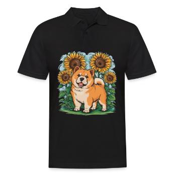 Cartoon Chow Chow mit sommerlichen Sonnenblumen - Männer Poloshirt - Schwarz - Vorne - Kai (181cm)