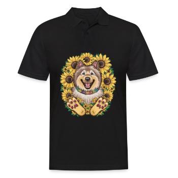 Niedlicher Wolfsspitz mit Sonnenblumen. - Männer Poloshirt - Schwarz - Vorne - Kai (181cm)