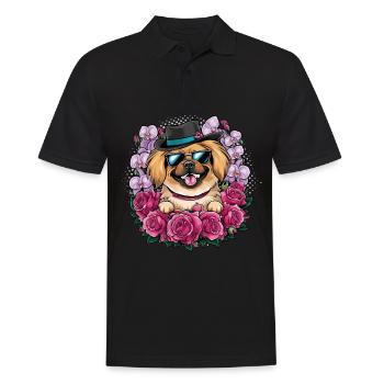 Dessin animé pékinois avec des orchidées et des roses - Polo Homme - noir - Devant - Kai (181cm)