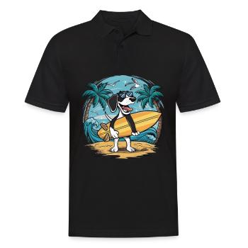 Braque allemand à poil court sur la plage avec planche de surf - Polo Homme - noir - Devant - Kai (181cm)