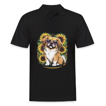 Motif de tournesol estival avec de doux Pékinois. - Polo Homme - noir - Devant - Kai (181cm)