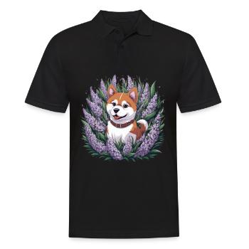 Akita Inu mit Flieder im Cartoonstil - Männer Poloshirt - Schwarz - Vorne - Kai (181cm)