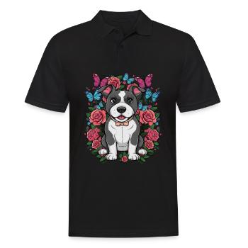 Dessin animé mignon Staffordshire bull terrier avec des roses - Polo Homme - noir - Devant - Kai (181cm)