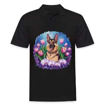 Cartoon Deutscher Schäferhund mit Orchideen - Männer Poloshirt - Schwarz - Vorne - Kai (181cm)