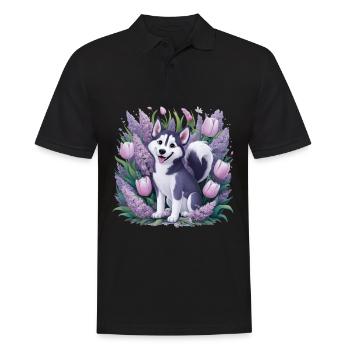Dessin animé Husky avec des tulipes, lilas pour les fans de husky - Polo Homme - noir - Devant - Kai (181cm)