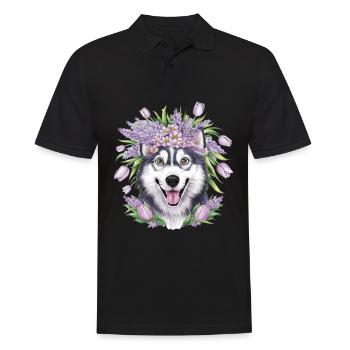 Dessin animé Husky avec des tulipes, lilas pour les fans de husky - Polo Homme - noir - Devant - Kai (181cm)