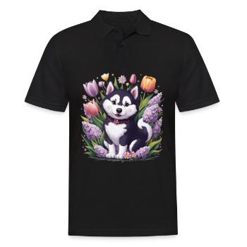 Dessin animé Husky avec des tulipes, lilas pour les fans de husky - Polo Homme - noir - Devant - Kai (181cm)