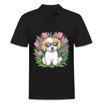 NBichon Frisé mit Tulpen und Flieder - Männer Poloshirt - Schwarz - Vorne - Kai (181cm)