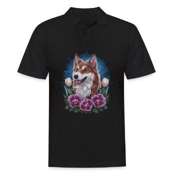 Norwegischer Elchhund mit Tulpen und Blumen - Männer Poloshirt - Schwarz - Vorne - Kai (181cm)